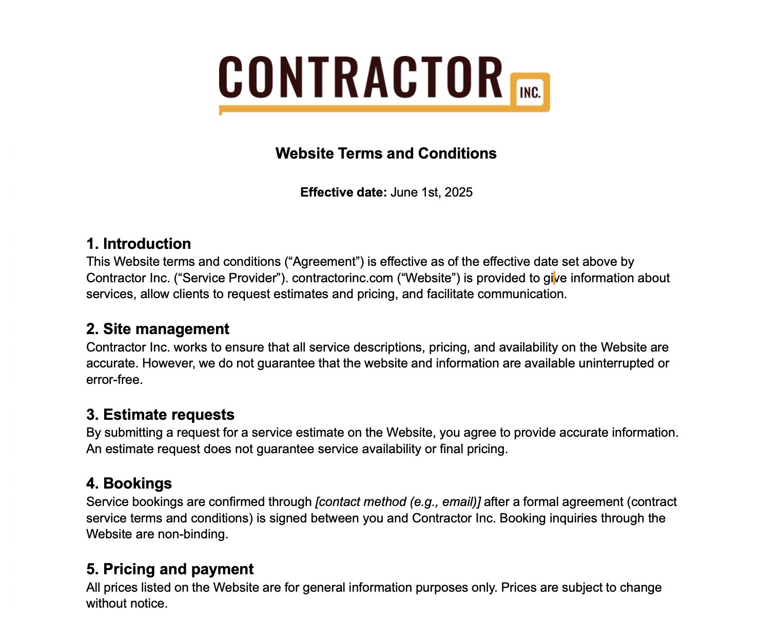 image of website terms and conditions example